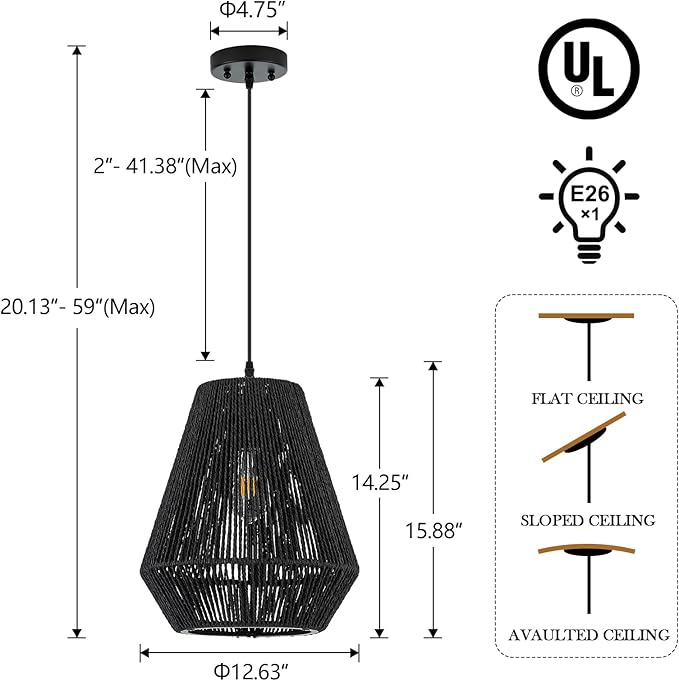 13” Boho Hand Woven Rattan Mini Chandelier Matte Black Classic Pendant Light for Kitchen Island Dining Room Hallway, UL Listed