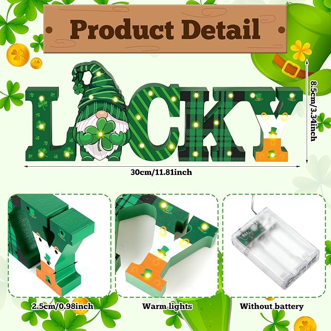 Menkxi St Patricks Day LED Wooden Sign St. Patrick's Day Table Decorations Wooden Lucky Decor Saint Patty's Tiered Tray Decor Light up Irish Table Centerpiece for Home Party Desk Office Room