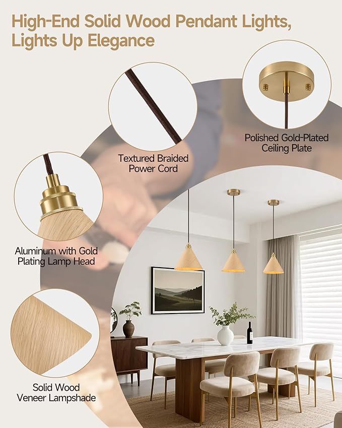 3 Pack Pendant Lights Kitchen Island, 8.3” Modern Pendant Light, Adjustable Height Wood Hanging Light, Kitchen Island Light fixtures for Dining Room, Bedroom, Hallway, Bar(Natural Wood)