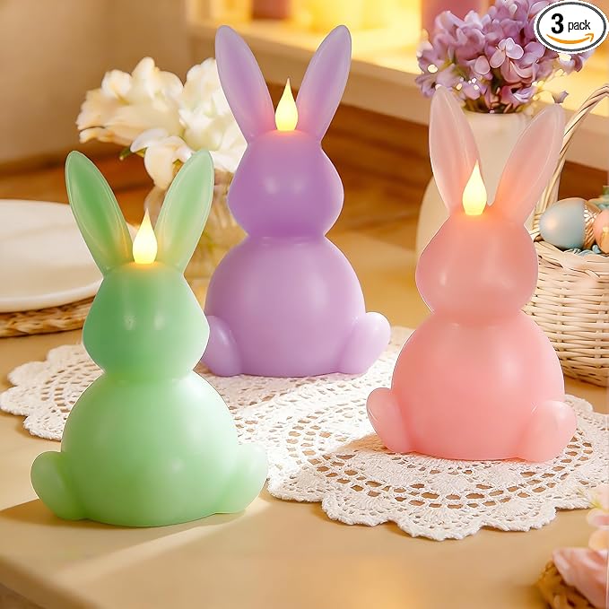 Leorate 3PCS Easter Bunny Flameless Candles – 7.5" Battery Operated LED Rabbit Candles with Flickering Flame, Green Purple Pink Real Wax Finish for Easter Decor, Table Centerpiece & Spring Home