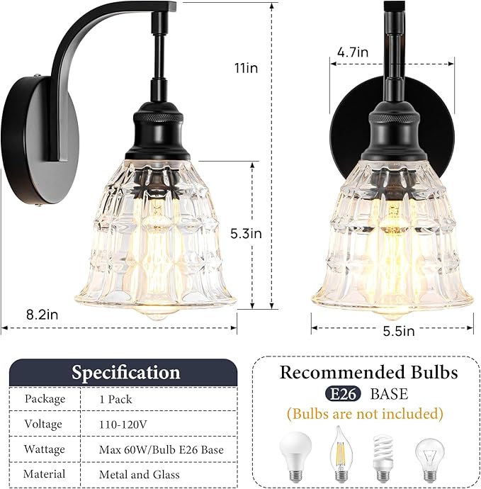 Blck Wall Sconce, Modern Matte Black Sconces Wall Lighting, Vintage Glass Light Fixtures, Indoor Wall Lamps for Bathroom Vanity Mirror Living Room Bedroom Kitchen Hallway Stairway E26 Hardwire