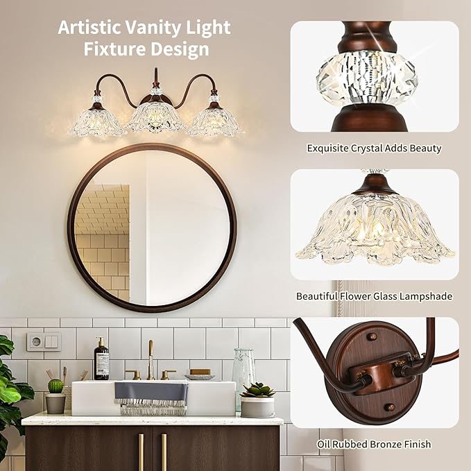 Oil Rubbed Bronze Bathroom Vanity Light, 3-Light Vintage Vanity Light with Floral Clear Glass Shades, Retro Wall Mount Lighting for Bathroom, Dressing Table