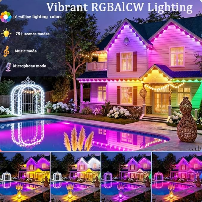 Permanent Outdoor Lights 54ft Smart Outdoor Christmas Lights 24V with RGBCW 36 LED IP67 Waterproof Eaves Lighting with 213 Modes for Holiday,Party, Daily, APP/Remote Control