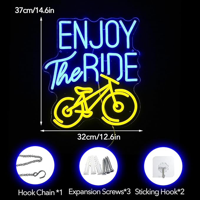 Enjoy The Ride Neon Sign, Gym Sign Fitness Neon Light, Motivational Sport Exercise Bike Sign Wall Decor Led Business Signs Backdrop Lights Wall Hanging Creative Neon Lights Signs Usb Powered