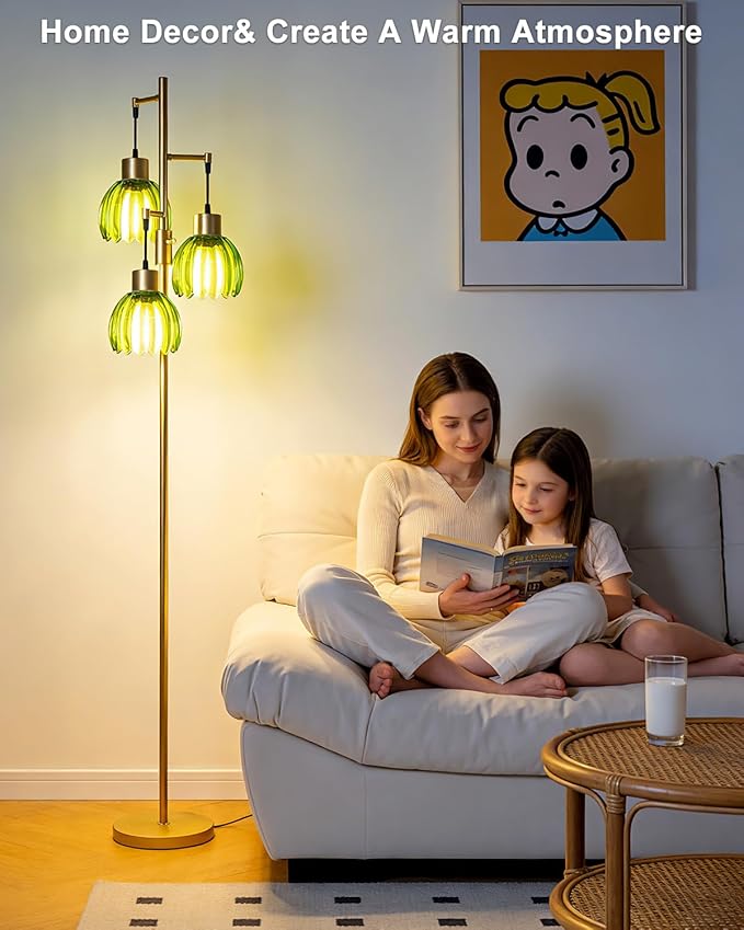 Lightdot 65'' Glass Floor Lamp Dimmable Gold Floor Lamps with Green Lotus Glass Shade& 3000K Bulbs Included 3-Lights Modern Tall Standing Lamp for Living Room/Bedroom/Sofa Beside/Corner Decor