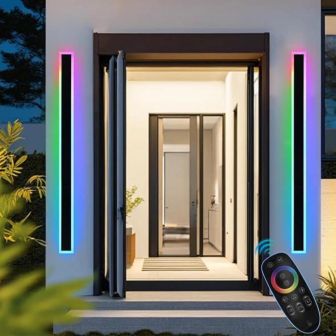 Outdoor LED Wall Lights for House,2 Pack Long RGB Outdoor Wall Lights,60 inch Long Linear Light Fixture,Dimmable Long Outside Wall Light for Porch,Enterway,Garage with Control Remote