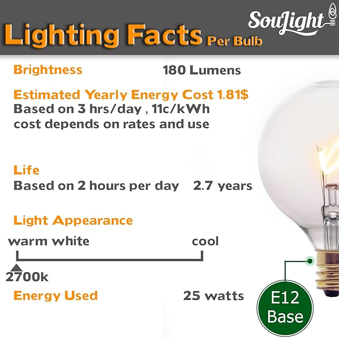 SouLight 25 Watt Wax Warmer Bulbs for Full Size Scentsy Warmer & Scentsy Burner - Replacement Light Bulbs. Incandescent E12 Socket w/Candelabra, Clear G16.5 (G50) - Pack of 6