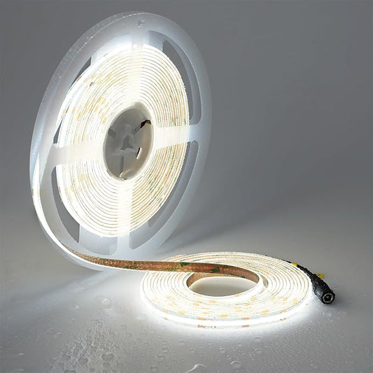 TOPAI 24V COB LED Strip 32.8ft Cool White 6000K Outdoor Waterproof CRI>93 Self Adhesive Uniform Dotless 384LEDs/M Cuttable Flexible for Cabinet Home Office DIY Lighting Projects