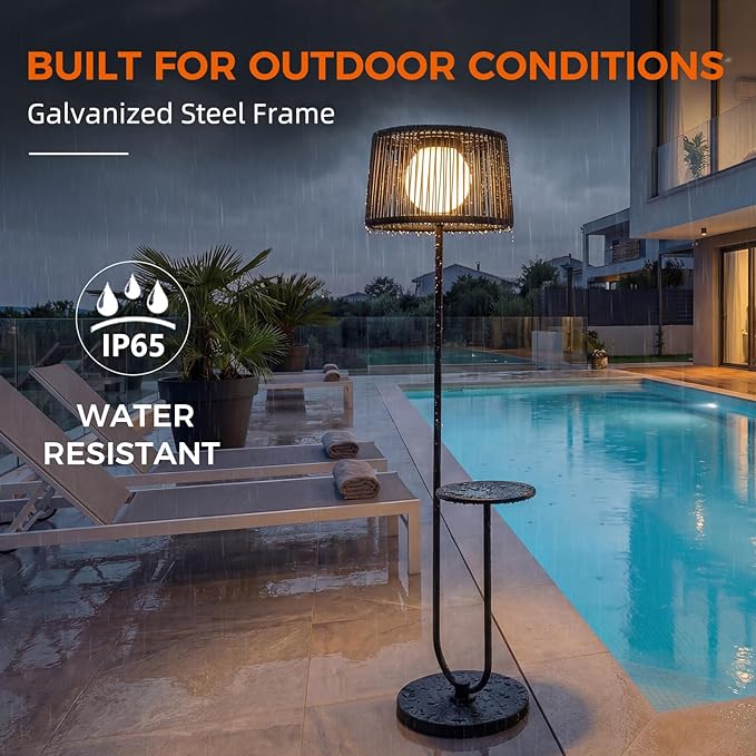 Solar Yard Outdoor Floor Lamp with Side Table, U-Shaped Modern Metal Outdoor Lamp, 3000K Warm White, IP56 Waterproof, Patio Garden Deck Balcony Coffee Table Light, Black