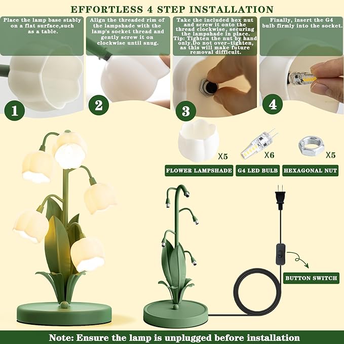 Lily of The Valley Lamp, Green Flower Lamp for Home, 3 Color Adjustable Cute Bedside Night Light for Bedroom Dorm Living Room Office Home Decor (Green)