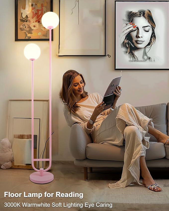 Lightdot 63IN Pink Floor Lamp, Modern Mid Century Globe Standing Lamps with 3000K LED Bulbs Included Candle Holder Style Unique Vintage Tall Floor Lamp for Living Room/Wedding/Sofa Beside/Corner Decor