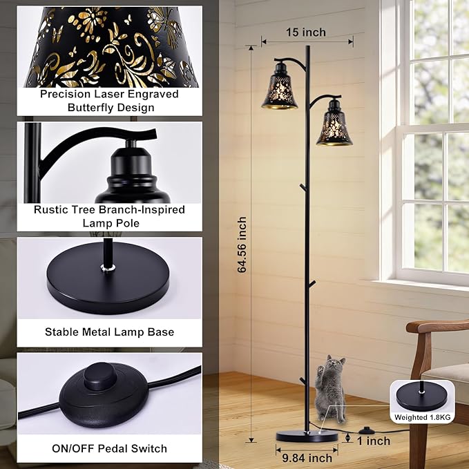 64.56" Tall Rustic Floor Lamp,2-Light Tree Gothic Black Metal Butterfly Lampshade Farmhouse Floor Lamps for Living Room,Western Standing Floor Light for Bedroom,Home,Office,Corner,Bar