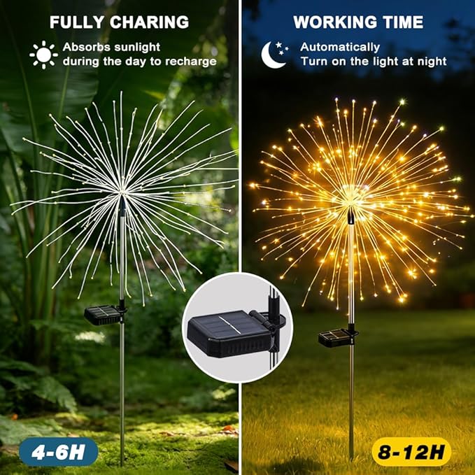Solar Fireworks Lights for Outside, 150LED 8 Modes Fireworks Solar Lights Outdoor, Fairy Garden Flowers for Yard Pathway Wedding Party Christmas Diwali Garden Decor 2Pack (Warm White)