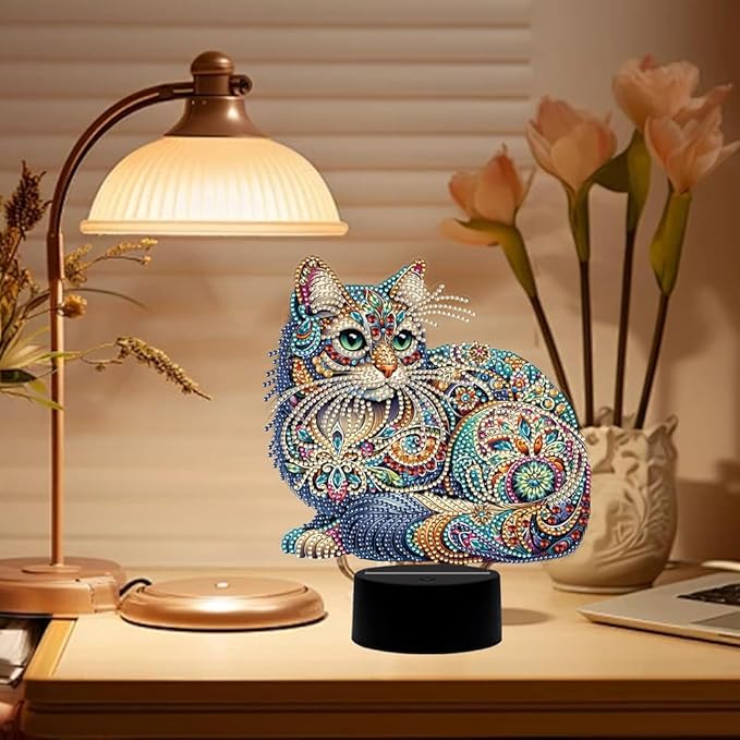 Gorgeous Cat Diamond Art Painting Night Light,Diamond Art Painting Kits Desktop Touch Lamp Ornaments for Tabletop Decor Diamond Art Accessories for Adult Beginner Bedrooms Living Room