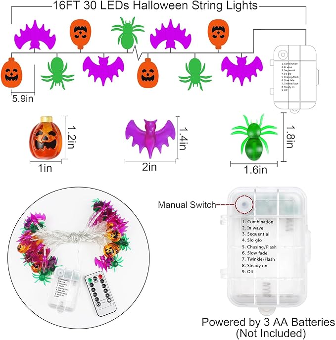 Halloween Lights Decor, 16 FT 30 LED 3D Pumpkin Bat Spider Battery Operated String Lights with Timer, 8 Lighting Modes Fairy Light for Home Door Porch Indoor Outdoor Halloween Party Decorations