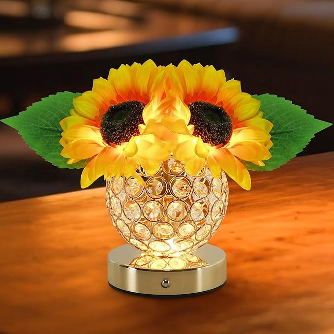 Sunflower Lamp, 3 Colors Desk Touch Control Lamp, Dimmable Fake Flower Crystal Night Light, Rechargeable Artificial Flower Lamp, Sun flower Bedside Lamps, Gifts for Mother Wife Girls Decor (Sunflower)