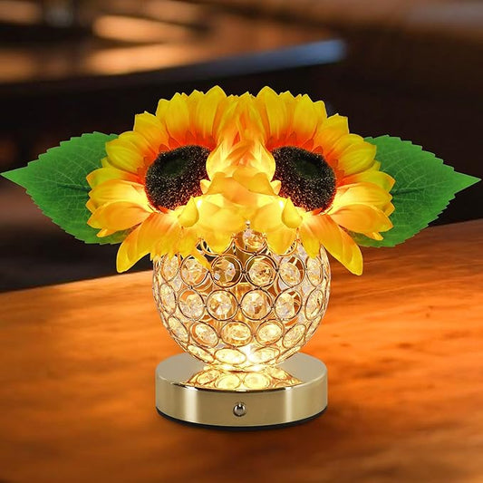 Sunflower Lamp, 3 Colors Desk Touch Control Lamp, Dimmable Fake Flower Crystal Night Light, Rechargeable Artificial Flower Lamp, Sun flower Bedside Lamps, Gifts for Mother Wife Girls Decor (Sunflower)