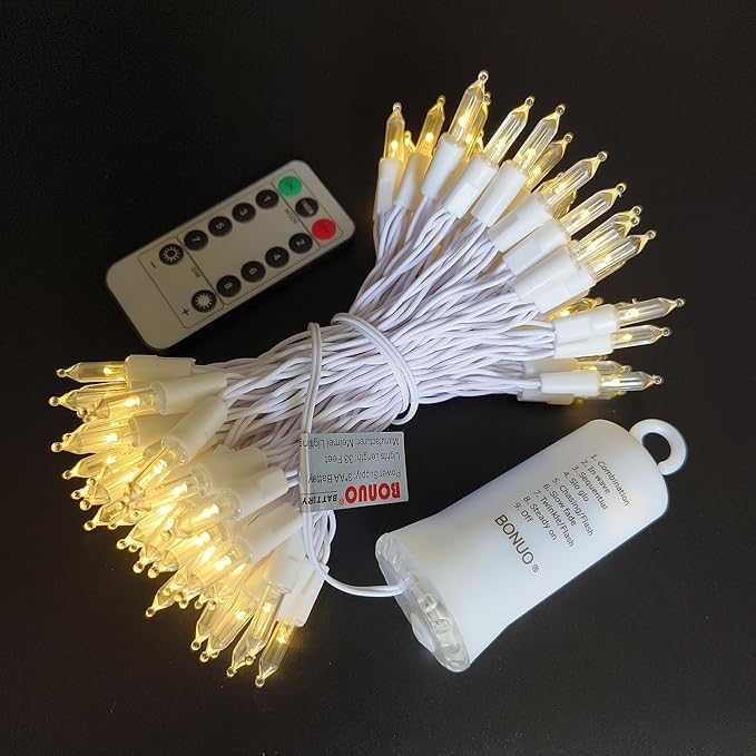 Mini Christmas Lights Battery Operated 33FT 100 LED White Wire String Lights with Remote Timer 8 Modes for Indoor Outdoor Tree Wreath Wedding Patio Decor, Warm White