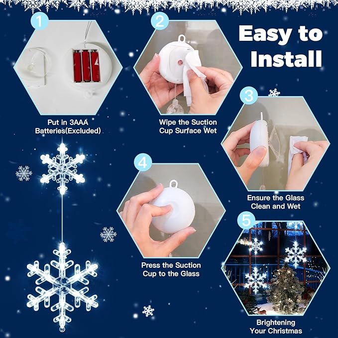 suddus Christmas Window Lights Decorations, 2Pcs Battery Operated Snowflake Lights with Suction Cup, Timer & 2modes Hanging Christmas Light for Tree, Indoor, Holiday, Fireplace, Wall, Cool White