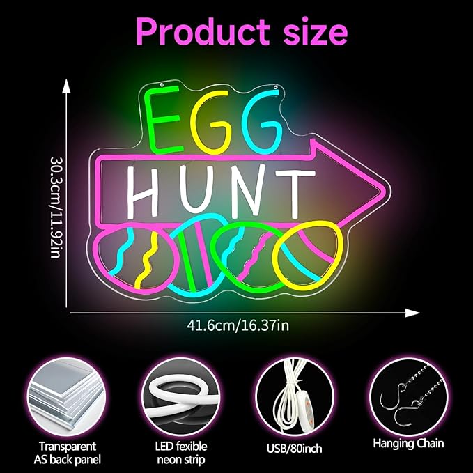 Easter Neon Sign for Wall Decor Easter Egg Hunt Led Sign Easter Decorations Dimmable Eggs Neon Light Up Signs for Egg Hunt Game Backdrop Window Party Gifts Bedroom Holiday Spring Bar Home