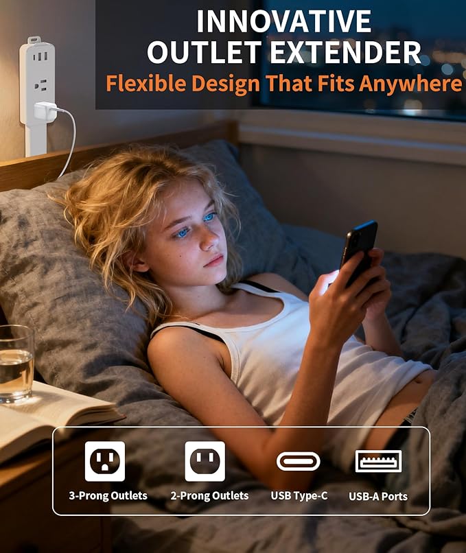 2 Pack Electrical Outlet Extender Stick Features 2 USB-A, USB-C and 2 AC Outlets, Extendable to 6", 15.3", 24.5", 34", for Hard to Reach Spaces Use Behind Couches, Nightstands, Desks, and More