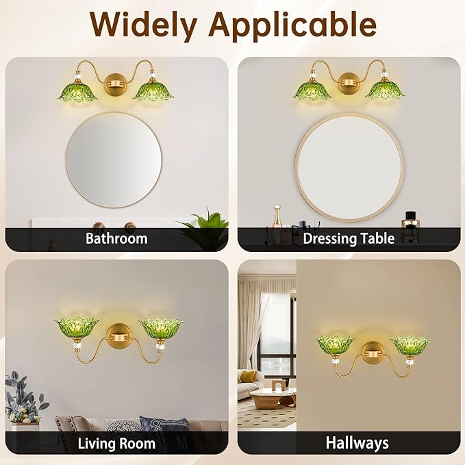 Vintage Bathroom Vanity Light, 2-Light Matte Brass Finish Vanity Light with Floral Green Glass Shades, Retro Wall Sconce for Bathroom, Dressing Table
