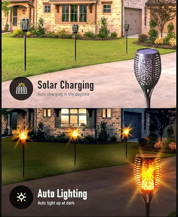 Solar Lights Outdoor, 2 Pack Torches Flame Garden Lights with Flickering Flames Outdoor Waterproof 96 LED Dusk to Dawn Auto On/Off Garden Lights Solar