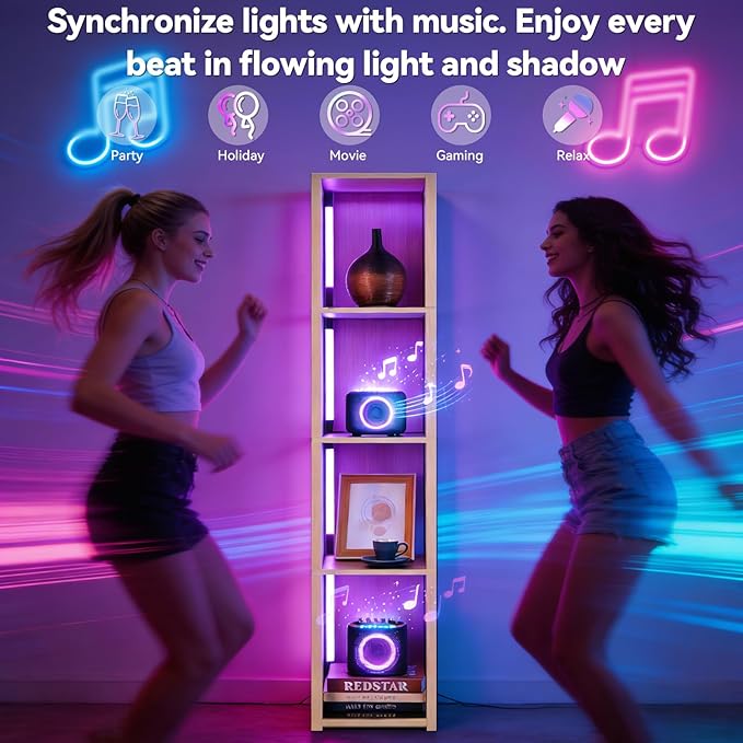 RGBCW Floor Lamp, Smart Modern Floor Lamp with Music Sync, Color Changing Corner Display Shelf Lamp, Standing Lamp with Shelves for Living Room and Bedroom, Office, Home Décor