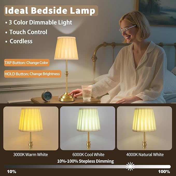 Cordless Table Lamp Rechargeable, 5200mAh Battery Operated Lamp, 3-Way Dimmable Bedside Lamps for Bedroom with Fabric Shade, Small Touch Desk Lamps for Living Room,Kitchen,Patio,Balcony,Bar