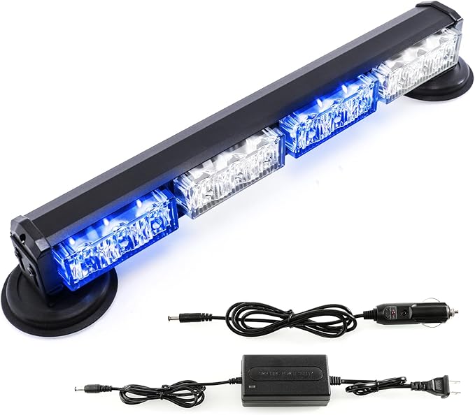 BooYu 14.8" Blue/White Battery Powered Police Firefighter Emergency Strobe Lights Bar for Trucks/Vehicles Rechargeable Wireless Rooftop Mini Hazard Flashing LED Beacon Warning Light w/Magnetic Base