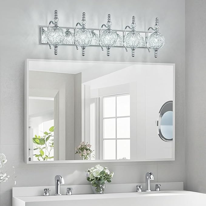 Modern Crystal Bathroom Vanity Lights Fixtures Over Mirror Chrome Vintage 5-Lights 36 Inch Bathroom Light Fixtures Glass Crystal Vanity Lights