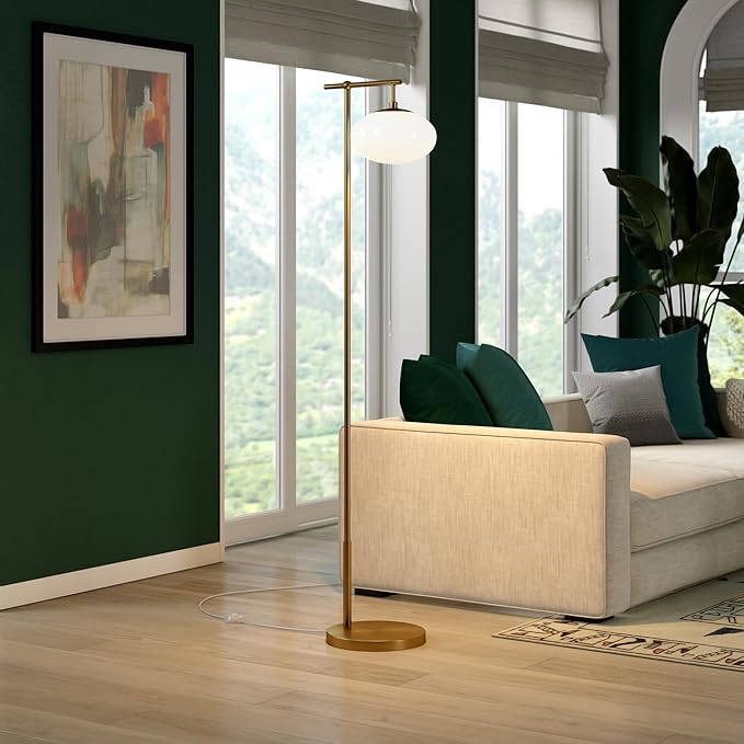 Henn&Hart 68" Tall Arc Floor Lamp with Glass Shade in Brushed Brass/Mil White, for Home, Living Room, Bedroom, Entertainment Room, Office, Kitchen, Dining