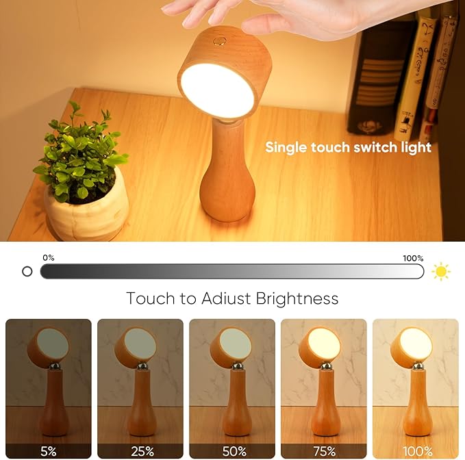2 Pack LED Wooden Mushroom Lamp, Rechargeable Battery Operated Portable Cordless Touch Switch Small Lamp, Stepless Dimming, 360 Degree Rotation Angle Adjustable，Night Light for Birthday Gifts