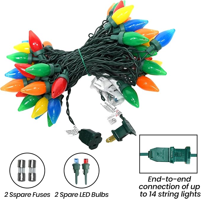 26.4Ft - 50 LED Bulbs Multicolor C7 LED Christmas Lights Outdoor Big Bulb Colored Christmas Tree Lights, Plug in Colorful C7 String Lights for Multicolored Indoor Outdoor Xmas Decorations, 0.6W = 7W
