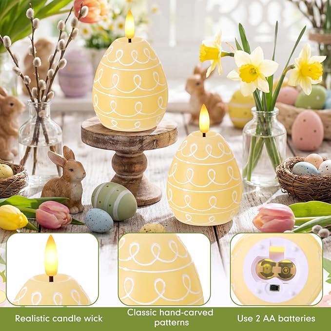 Baquler 2 Pcs Easter Egg Flameless Candles with Timer Egg Shape LED Candle Real Wax Battery Operated Flickering LED Candles Gift No Battery for Easter Party Living Room Home Decor (Yellow)