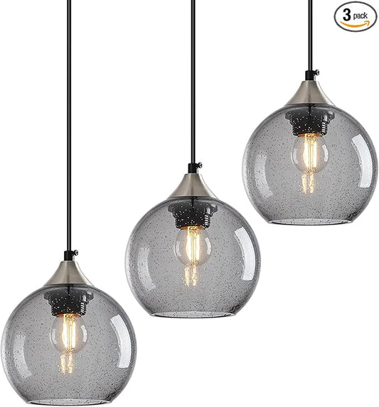 Light Grey Glass Pendant Lights Kitchen Island Globe Pendant Light Fixtures Modern Pendant Lighting for Bedroom Living Dining Room Light Fixture (5.9 in, 3 Pack)