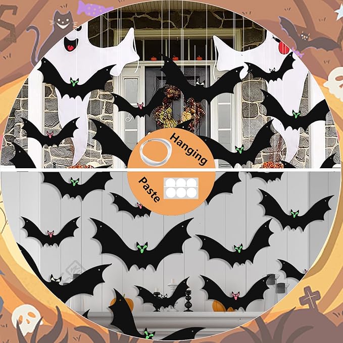 15 Pcs Hanging Bats Halloween Decoration Outdoor, Large Scary Fake Black Hanging Flying Bat Spooky Decor for Halloween Yard Sign Outside Indoor Party Supplies Wall Decals (3 Sizes)