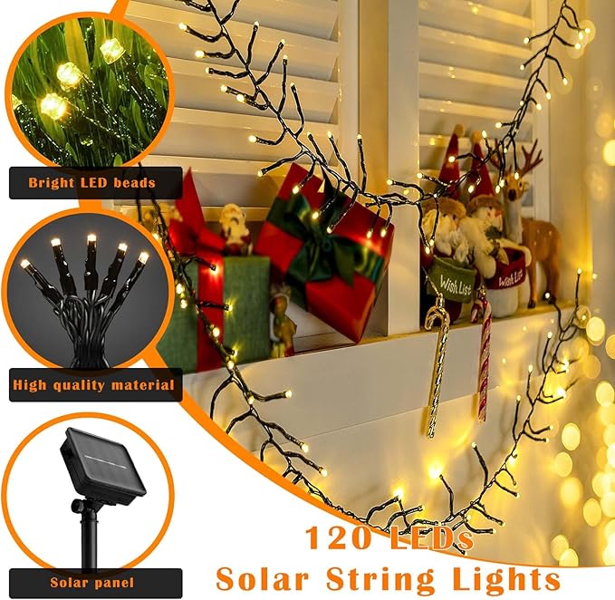 Solar Firecracker String Lights Outdoor Waterproof 120 LED Dense Spacing 8 Modes for Garden Christmas Party Patio Wedding Holiday Decor