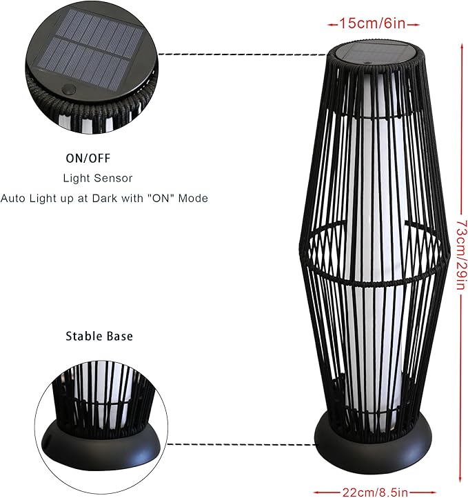 TRIROCKS Outdoor Floor Lamp 2 Piece Solar Powered Lantern Wicker Solar Patio Lamp with Olifen Rope Waterproof Rattan Outside Solar Deck Light for Patio Garden Lawn Yard (Black)