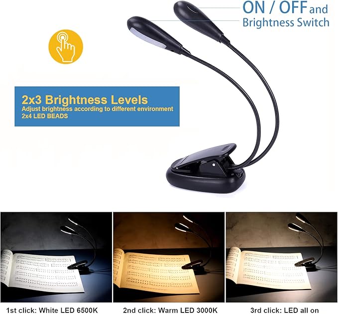 Rechargeable Music Stand Light, Clip on Reading Light, 8 LED Book Lamp, 3-Level Brightness for Eye Protection, Perfect for Piano, Orchestra, Bookworms, Craft (White & Warm, Dual Arm)
