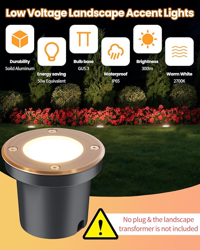 Cheopha Landscape Well Lights, 12V Low Voltage In-Ground Light, Outdoor Ground Lights with Replaceable MR16 LED Bulb 4W Warm White, Weatherproof for Landscape Garden Yard Lighting 4-Pack