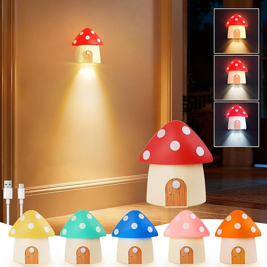 Rechargeable Mushroom Lamp, Motion Sensor Nightlights with 3 Colors and Dimmable, Magnetic for Kitchen, Bathroom, Hallway, Stairs, Bedroom, Kids Gift, Home Decor, Red