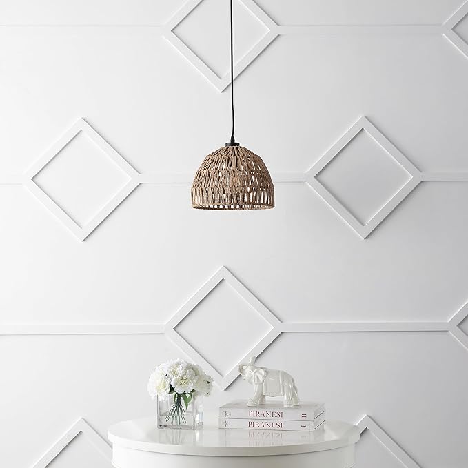 JONATHAN Y 10.25" Brown Modern Bohemian Woven Rope LED Pendant Light Fixture, Adjustable Dome Ceiling Lamp for Kitchen Island, Rope Shade, Coastal Farmhouse Decor (JYL6513E)