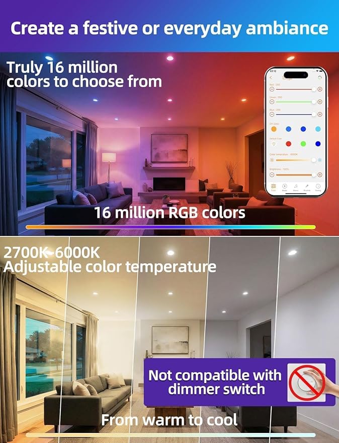 Retrofit LED Recessed Lighting 5/6 Inch, Color Changing, 13W Bluetooth APP Control, Color Temperature Tunable 2700K-6000K, ETL (6 Pack)