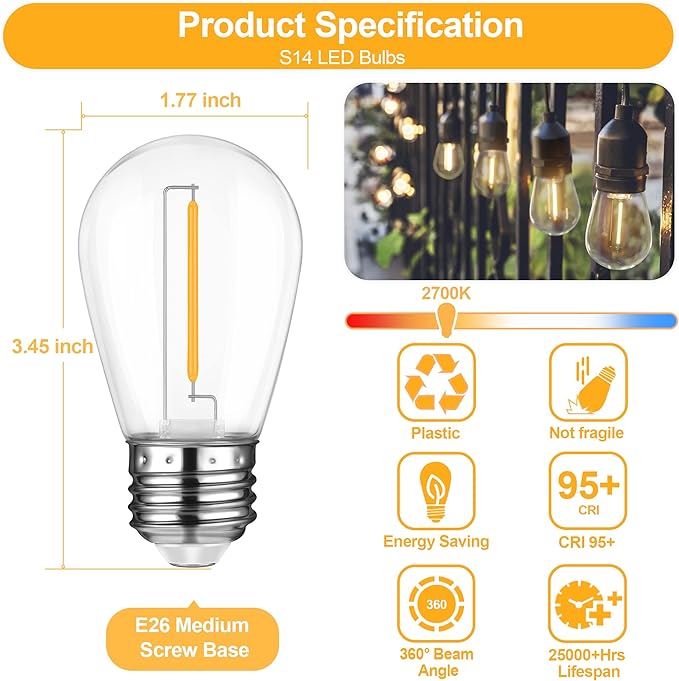 Mlambert LED String Light Bulbs,Shatterproof Outdoor String S14 Replacement Light Bulb,Waterproof 1W LED Edison Bulb Equal to 11W,Warm White,Not Solar