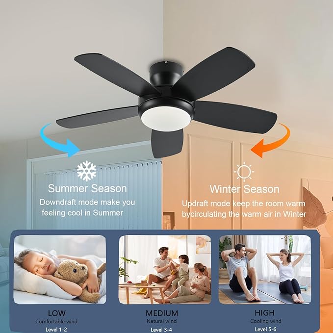 KNUN 42 Inch Ceiling Fan with Light and Remote/App Control, Low Profile Ceiling Fans with Lights,Flush Mount, Double-sided Blades, 3CCT, Dimmable, Noiseless, Black Ceiling Fan for Indoor/Outdoor Use