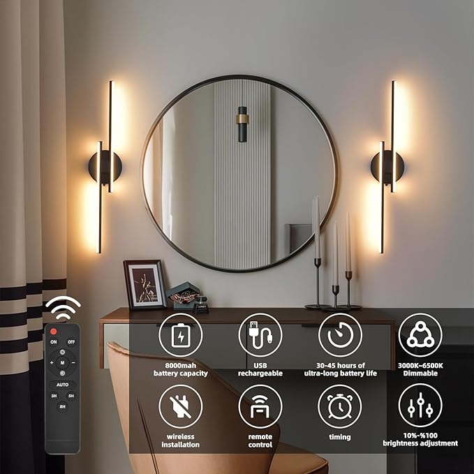 Rechargeable Battery Operated Wall Sconce Set Of Two, Black Wireless LED Wall Sconces With Remote Control, Dimmable 3 Colors Cordless wall lights for Living Room, bedroom, Hallway, 23.6 Inch ( 2pcs)