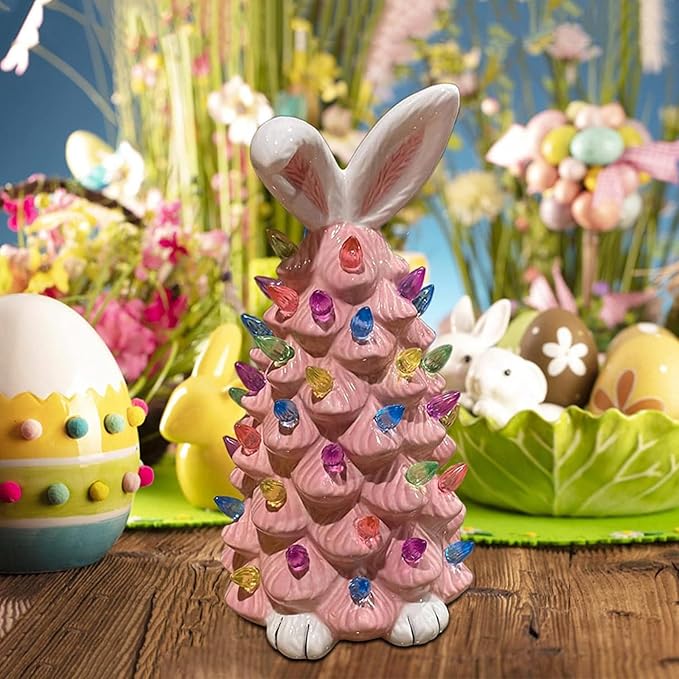 2026 Newly Lighted Easter Bunny Resin Tabletop Tree 6 Inches Pre-Lit Rabbit Figurines with Colorful Lamp Beads and Bunny Ear Top Spring Easter Holiday Decor Gifts