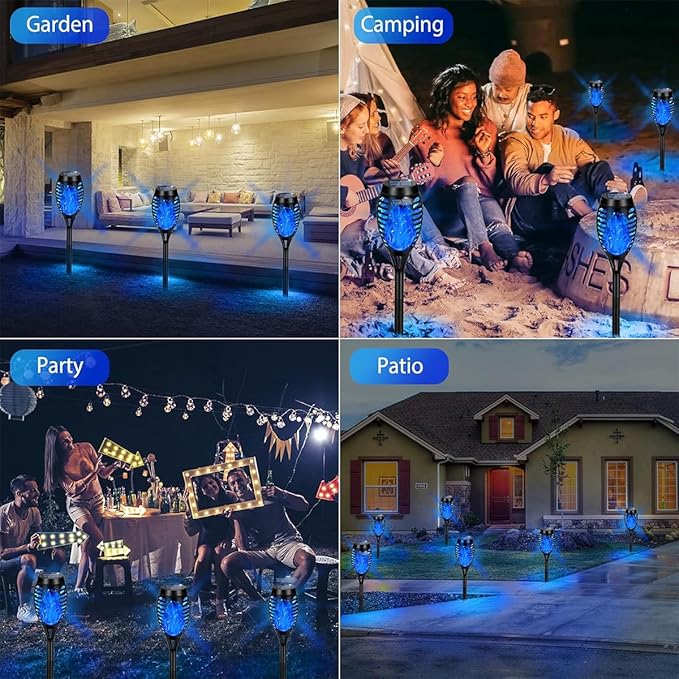 8 Pack Solar-Powered Flashlight Torches for Outdoor use, Dancing and Flickering Flame Torches for Landscape Decoration, Suitable for Paths, lawns, terraces (Blue)