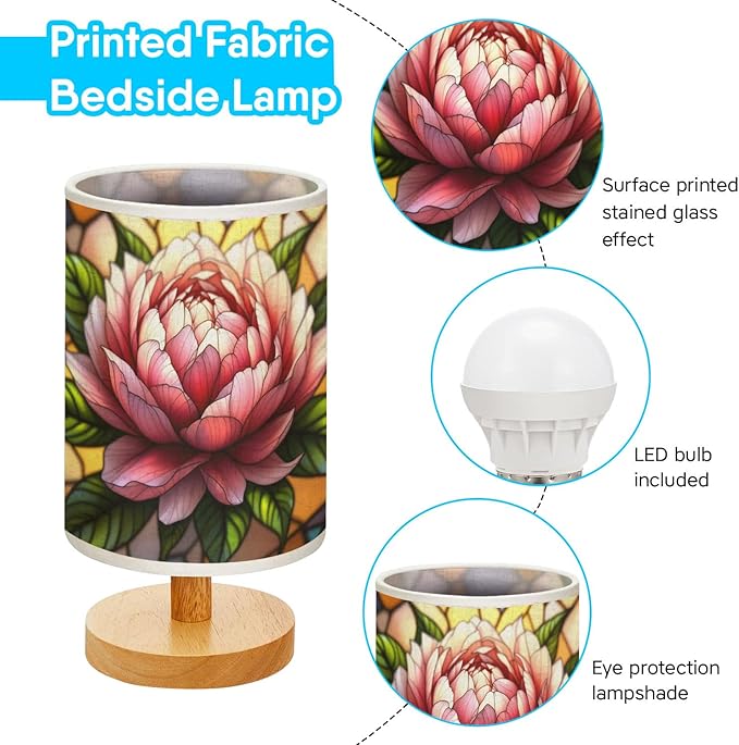 Peony Table Lamp LED 3-Color Pressed Bedside, Peony Shade Lamp with Wood Base for Bedroom Living Room Desk Office TL01